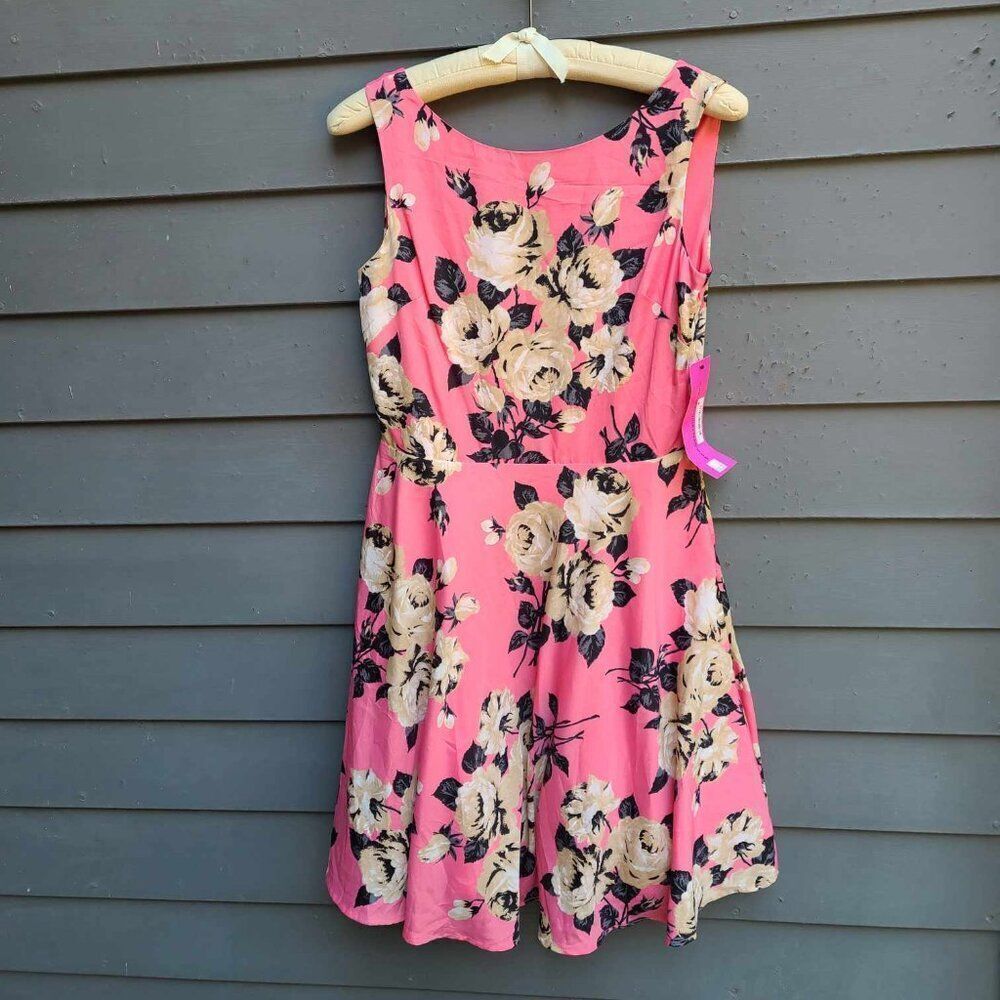 Betsey Johnson Pink Samon with Black Tan Roses Fit Flare Dress size 6 NWT!